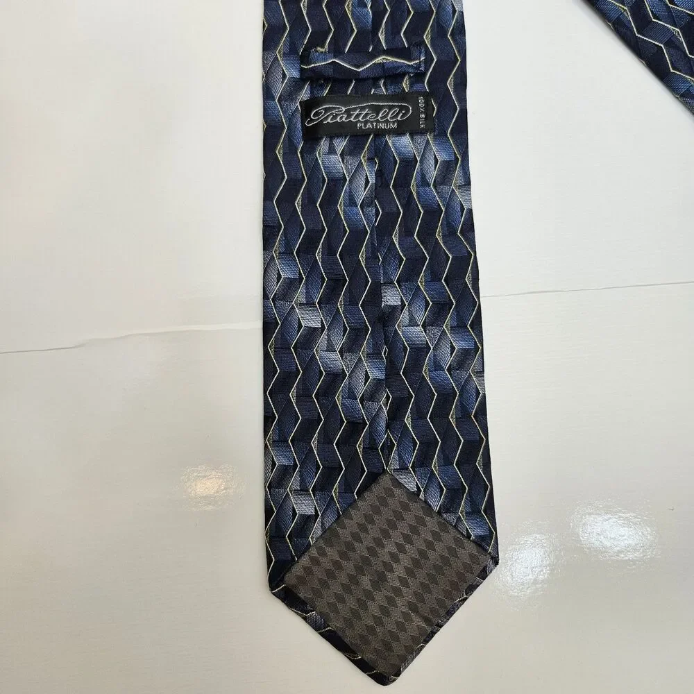 VTG Piattelli Platinum Tie Blue Gold ZigZag 100% Silk NeckTie 3.8